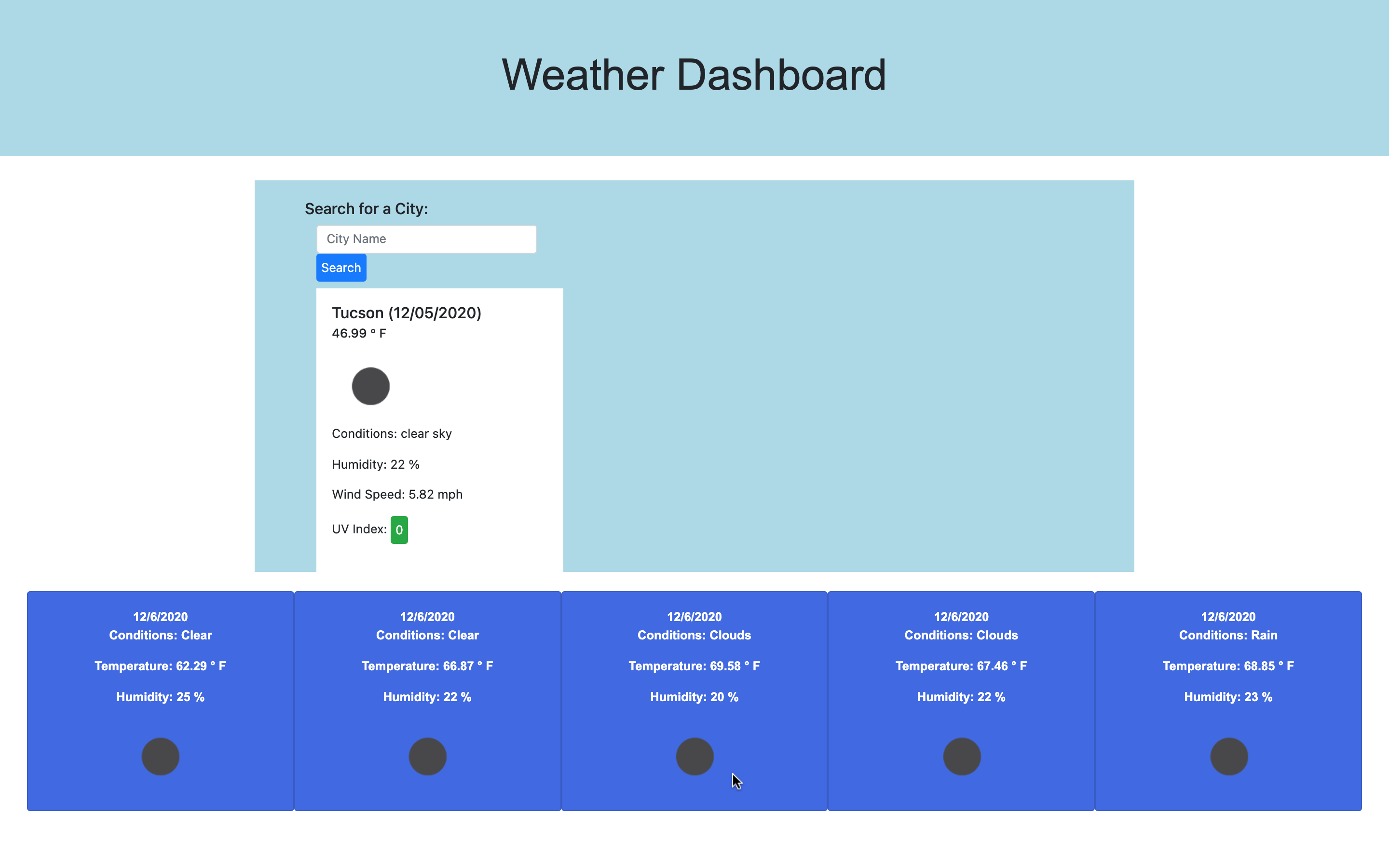 Weather Dashboard web application site page.